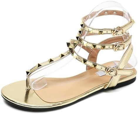Women Studded Gladiator Flat Sandals Strappy Thong Adjustment Ankle Buckle | Amazon (US)