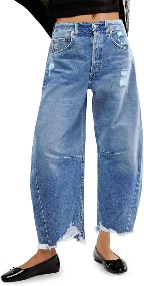 Allimy Womens Jeans Mid High Waisted Wide Leg Cut Horseshoe Baggy Raw Hem Jeans for Women Trendy ... | Amazon (US)