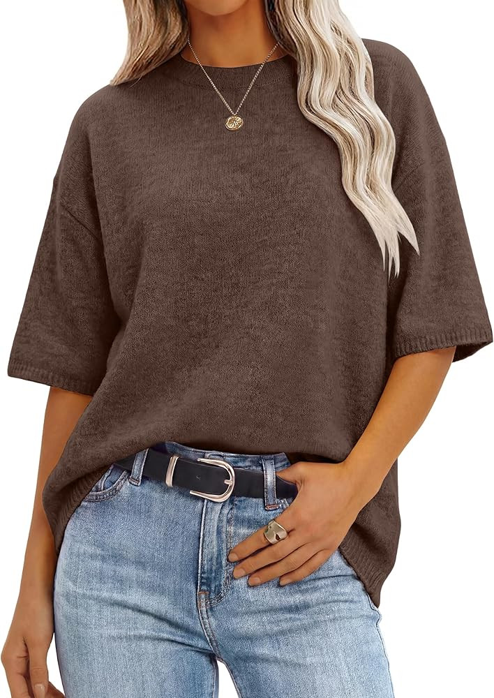 ANRABESS Womens Short Sleeve Sweater Oversized Lightweight Business Casual Tops Crewneck Soft Kni... | Amazon (US)