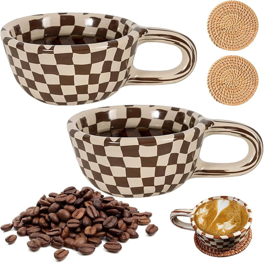 Checkerboard Coffee Mug, Brown Checkered Cup With Saucer for Office and Home, Novelty Black and W... | Amazon (US)