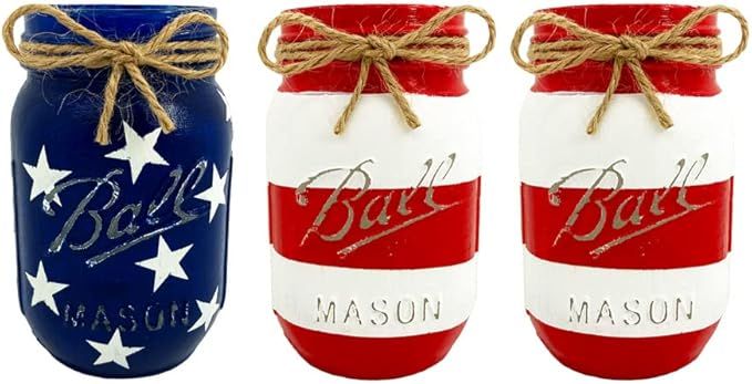 4th July decorations, Americana Decor, US Flag Painted Mason Jars Rustic Farmhouse Decor, 16 Ounc... | Amazon (US)