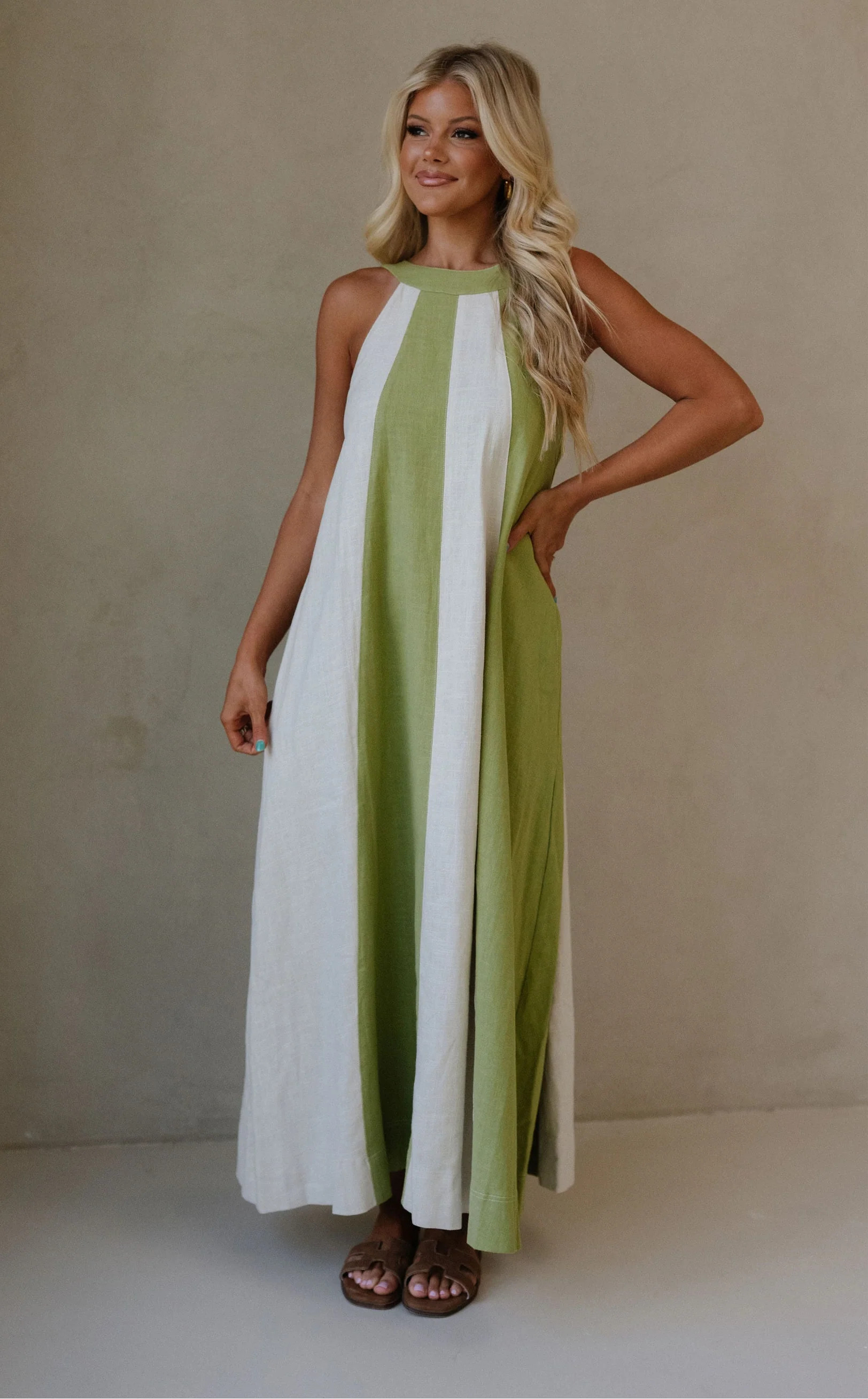 Linen Blend Halter Dress-Sage/Ecru | These Three