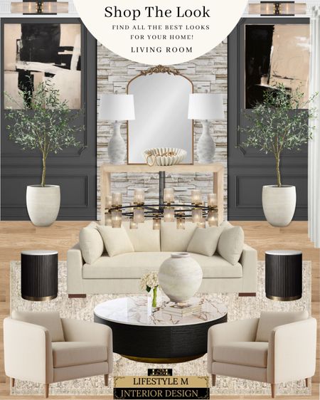 Transitional Living Room Design Idea. Black round end table, black round marble coffee table, creme beige arm accent chair, creme beige sofa, beige traditional rug, round vase, round modern chandelier, wood console table, white table lamp, brass arched mirror, beige wall art, decor bowl, white tree planter pot, faux olive tree.

#LTKhome #LTKSale #LTKstyletip