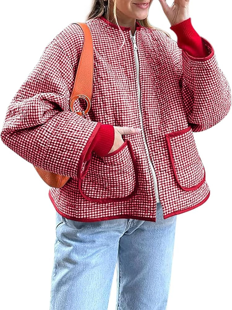 Yousify Womens Jackets Fall Fashion 2024 Crew Neck Quilted Plaid Jacket Full Zipper Coats S-2XL | Amazon (US)