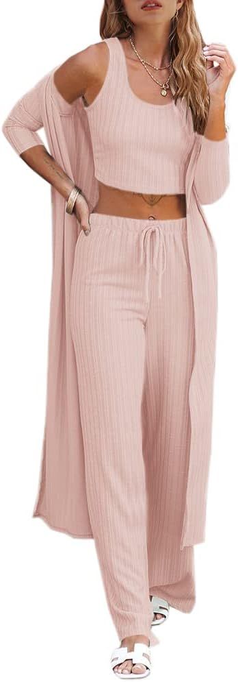Fessceruna Womens Pajamas Set Fall Winter 3 Piece Loungewear Set Crop Top Loose Pants Cardigan | Amazon (US)