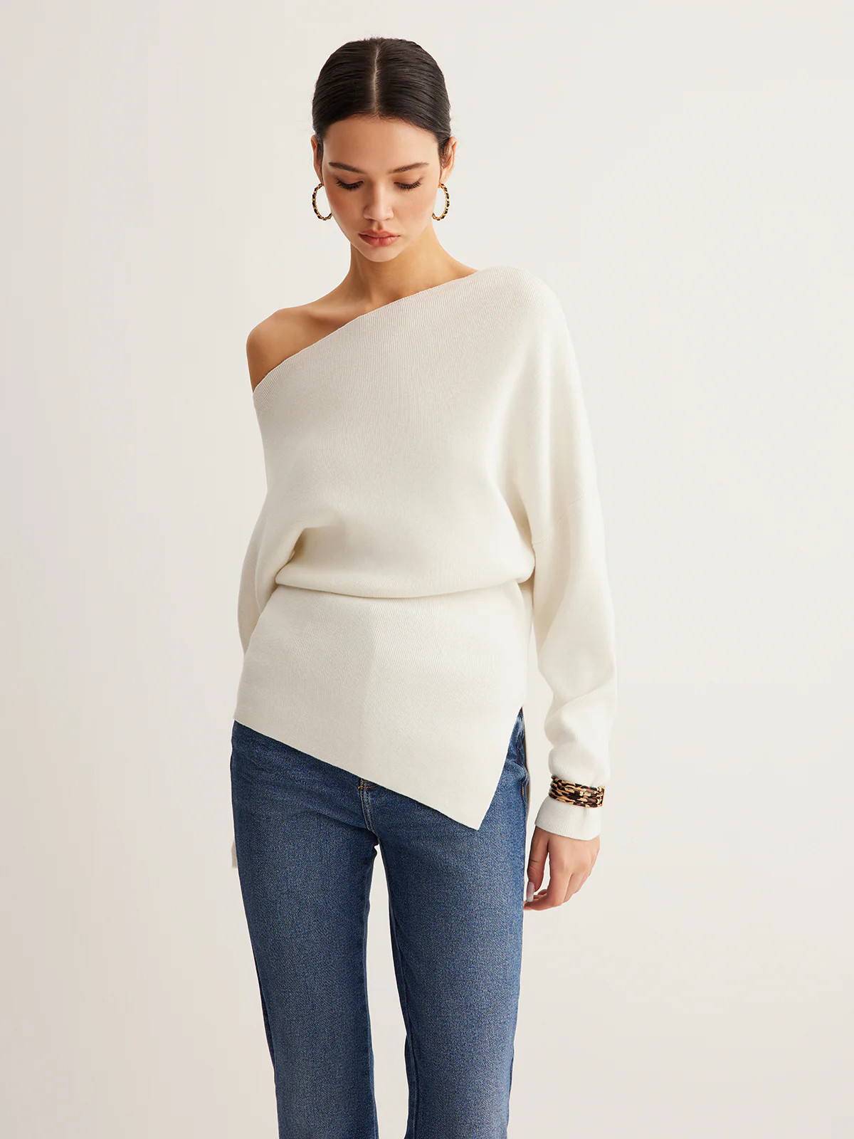 Wool-Blend Asymmetrical Neck Knit Top | Commense