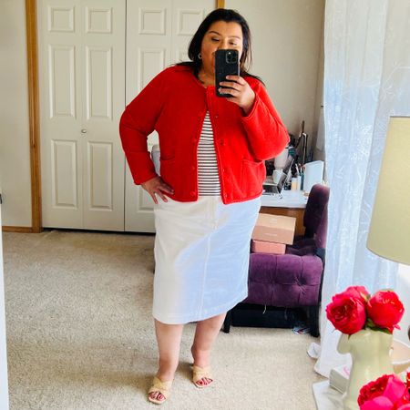 This cardigan will be your go to from now through Fall, especially with red continuing to trend through next season. For now it works so well with a white denim skirt and raffia mules for a great business casual look.

#LTKSeasonal #LTKOver40 #LTKPlusSize
