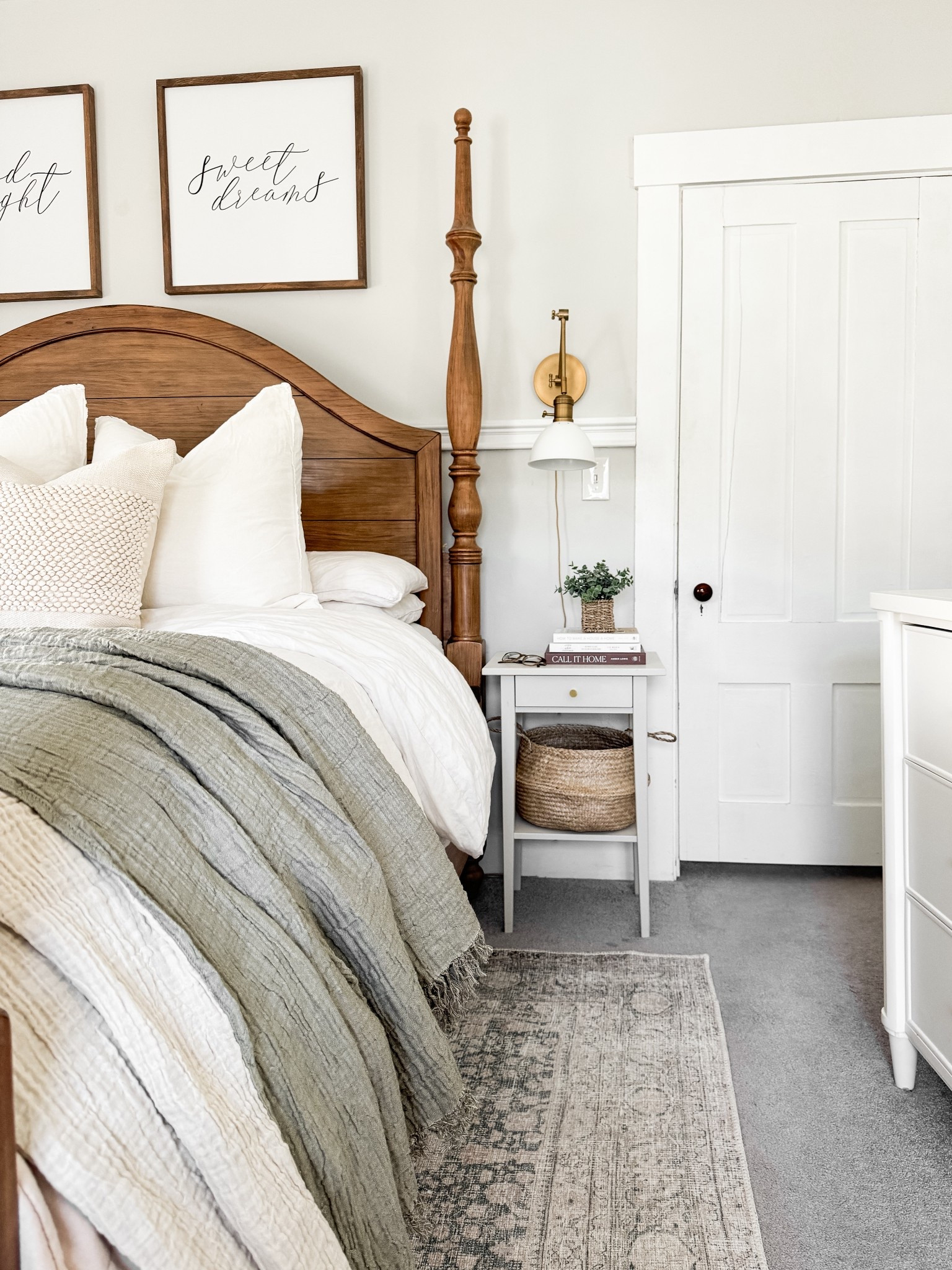 Primary bedroom details. Bedding, bedroom rug, wall sconces 

#LTKHome