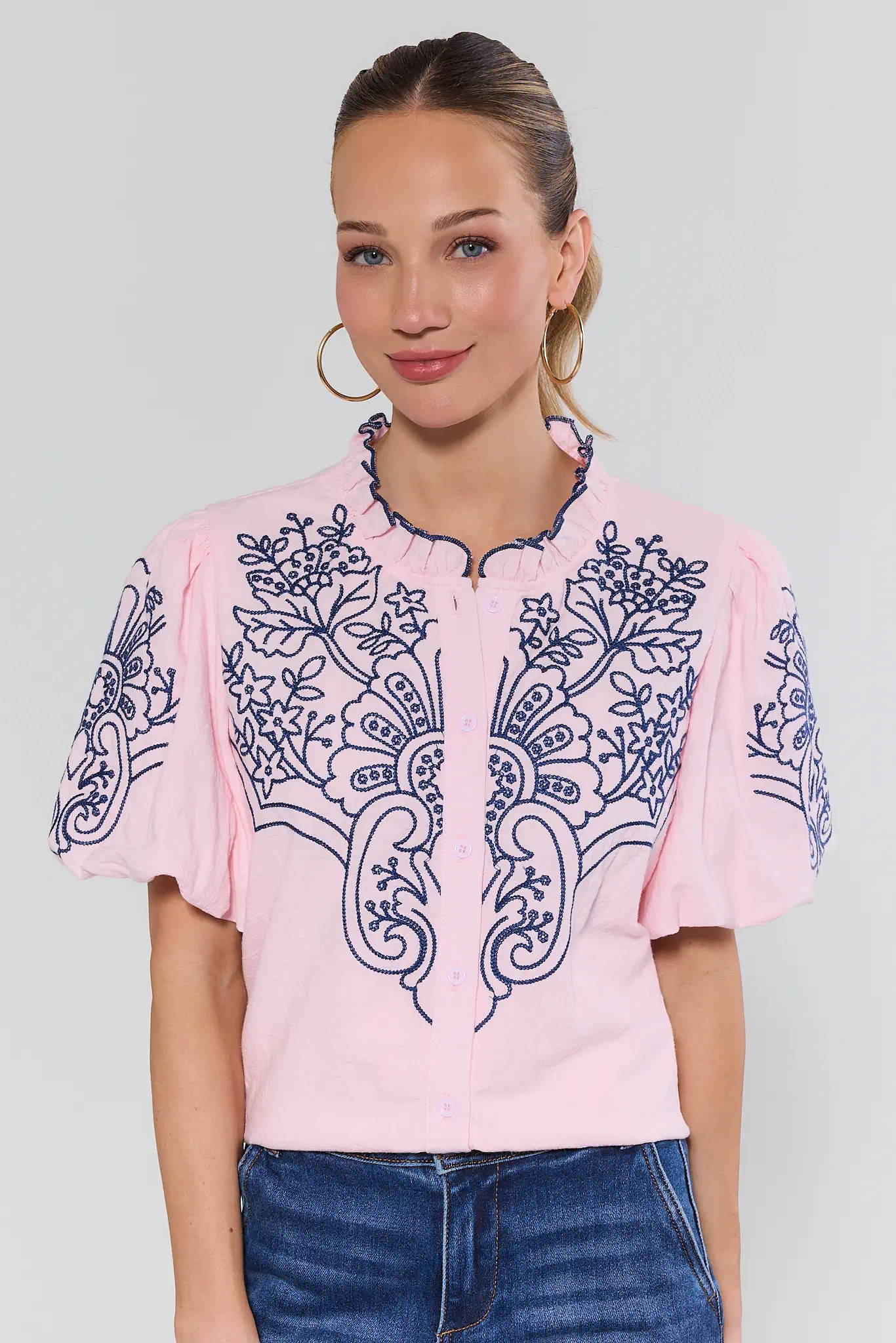 Carmen Pink Embroidered Button Up Top | Avara