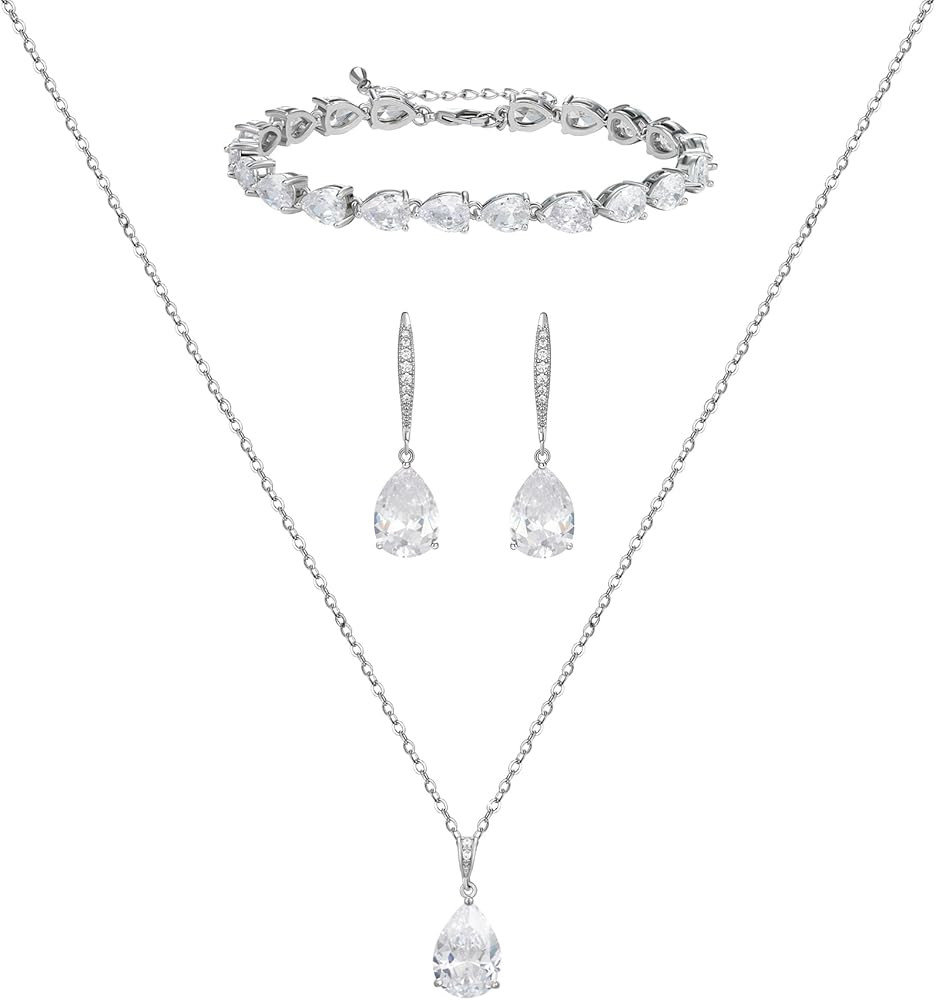 SWEETV Bridal Jewelry Set for Wedding, Cubic Zirconia Necklace Dangle Drop Earrings Bracelet Set,... | Amazon (US)