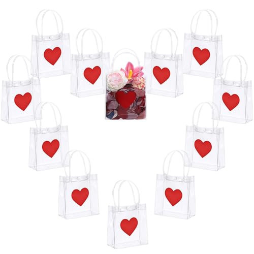 Glenmal 24 Pcs Valentines Day Clear Gift Bags with Handle Transparent PVC Plastic Red Heart Love Reusable Shopping Tote Wrap Bags for Valentines Weddings | Amazon (US)