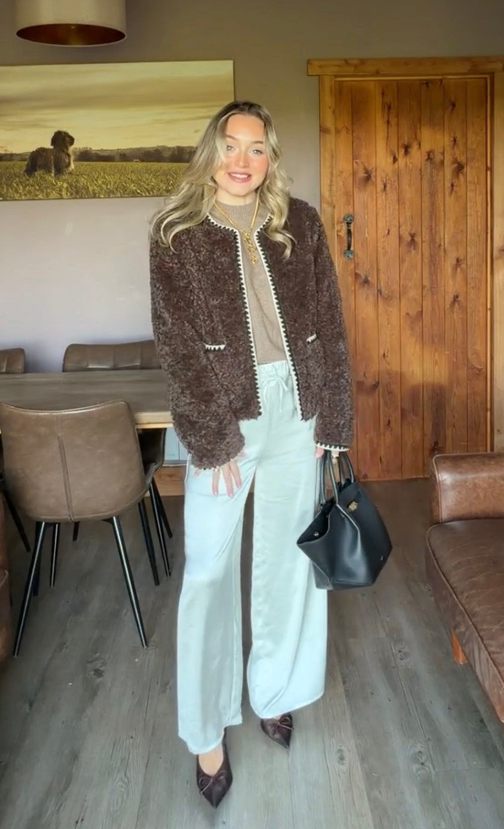 Winter outfit, chocolate brown teddy coat, white satin trousers, baby shower outfit 

#LTKfestive #LTKuk #LTKwinter