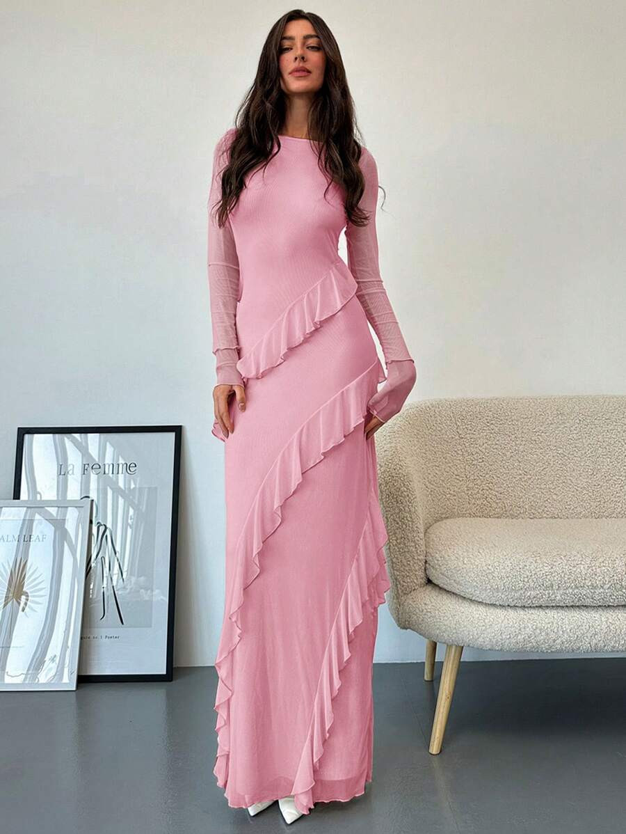 Aloruh Romantic Date Night Crowl Neck Ruffle Trim Long Sleeve Tight Mesh Apricot Long Dress For W... | SHEIN