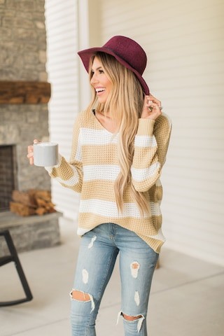 Wishing To See You Striped Sweater Taupe | The Pink Lily Boutique