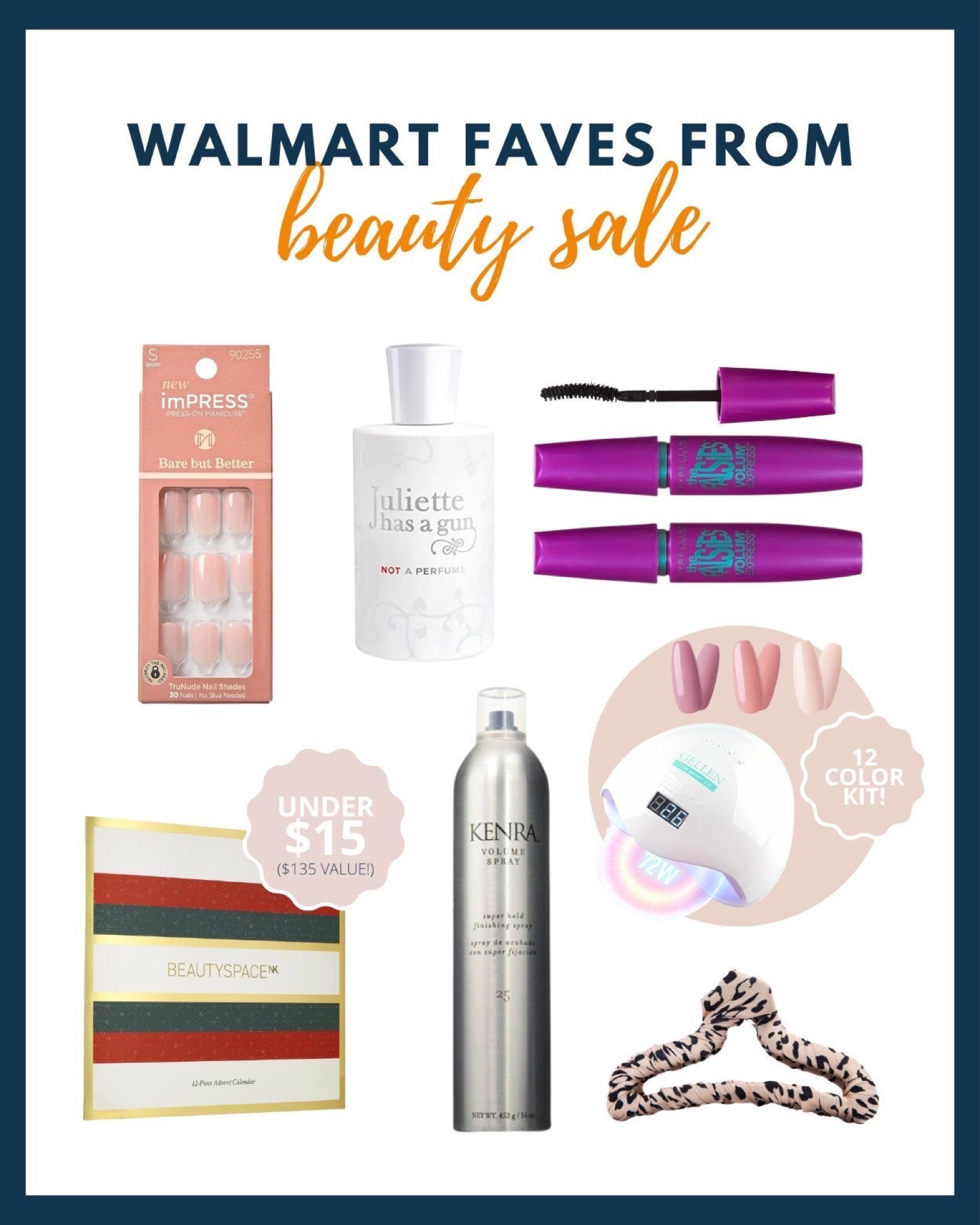 Our beauty guru Emily shared her absolutely favorite scores from the Walmart Beauty Sale and shared why you need them too:

Maybelline Mascara 2-Pack - “This is one of my favorite mascaras. It’s not crazy discounted but for a 2-pack at $5.59 each, not a bad deal” 😍

Gel Nail Kit - “I go between this brand and the Beetles brand for gel polish and love both. This is an AWESOME starter set. In fact, I’m debating purchasing it just for the polishes alone because it’s such a hot price at $20.99 for the neutral set. If anyone is looking to dabble in at-home gel nails, this would be my recommendation!“💅🏼

Kenra Hairspray - “Best hairspray ever… No other notes.” 💕

Advent Calendar Gift Set - “I know it’s past Christmas but this is an awesome deal for so many skin care goodies. Also debating now adding this to my own cart lol!” 🎁

Juliette Perfume - “Best perfume ever, though the Dossier version is just as good. If someone wants the name brand, it is a good price.” 🤩

Kitsch Hair Clip - “So so so cute. Also may just buy this myself!” 😍

imPRESS Nails - “I try to keep a pack of these in my car. I know Collin isn’t a huge fan of these, but I love these in last-minute situations where my nails look terrible and I’m heading to dinner or an event where it’d be nice to have a fresh mani. The Bare But Better line is new-ish and so pretty!” 💅🏼

#LTKsalealert #LTKGiftGuide #LTKFind