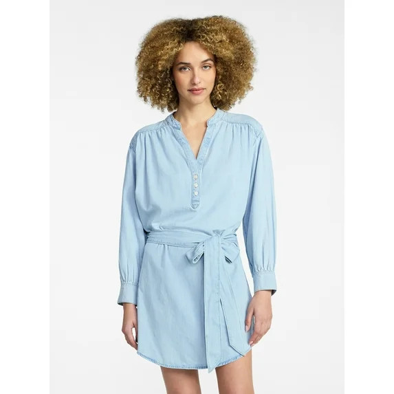 Time and Tru Women's Belted Denim Mini Shirtdress with Long Sleeves, Sizes XS-XXXL | Walmart (US)