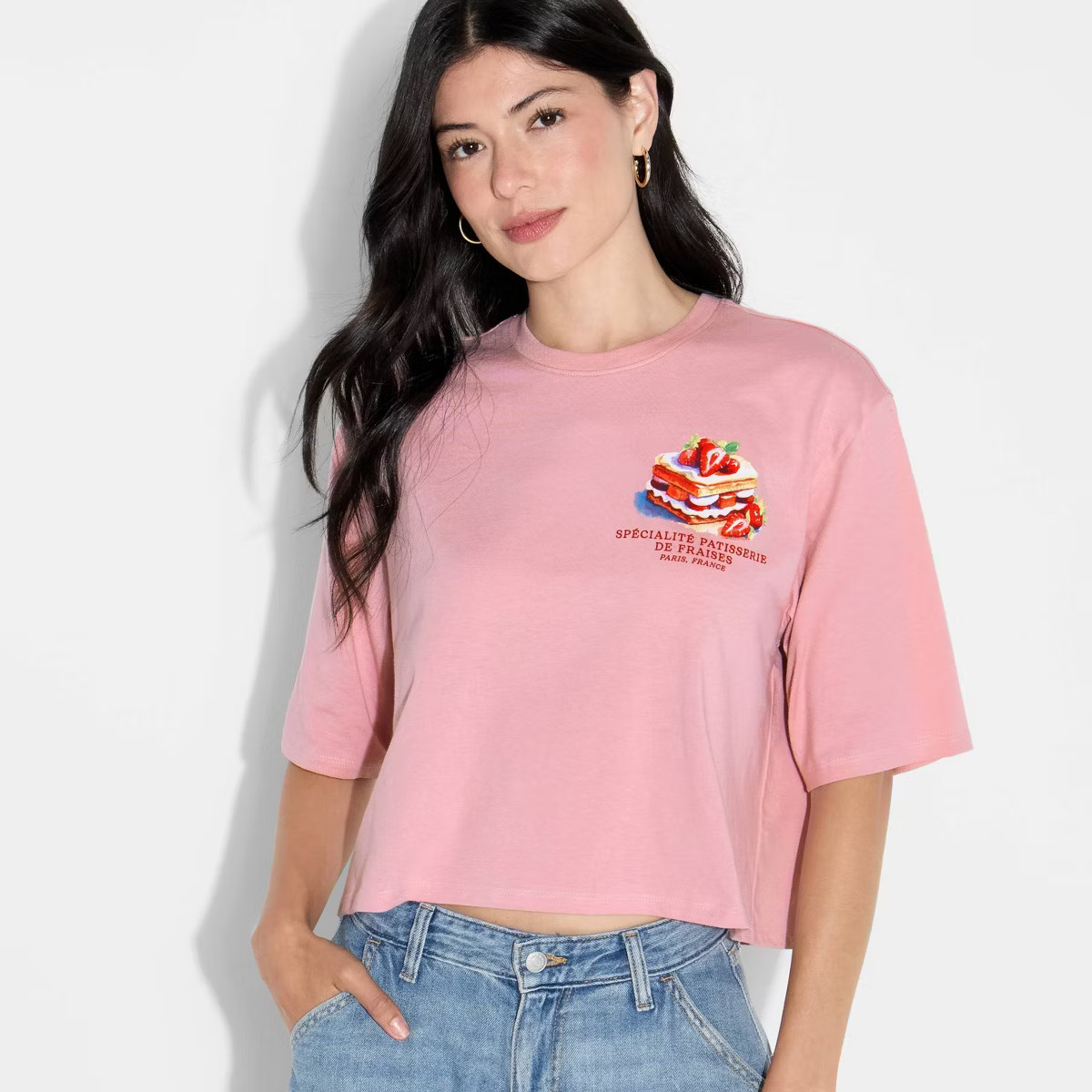 Women's Strawberry Dessert Boxy Cropped Short Sleeve Graphic T-Shirt - Rose Pink XXL | Target