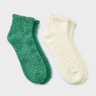 Women's Ruffle 2pk Cozy Ankle Socks - Green/Cream 4-10 | Target