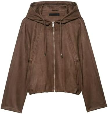 Xunger Women's Faux Suede Drawstring Hooded Jacket Bomber Casual Solid Color Zipper Outerwear wit... | Amazon (US)
