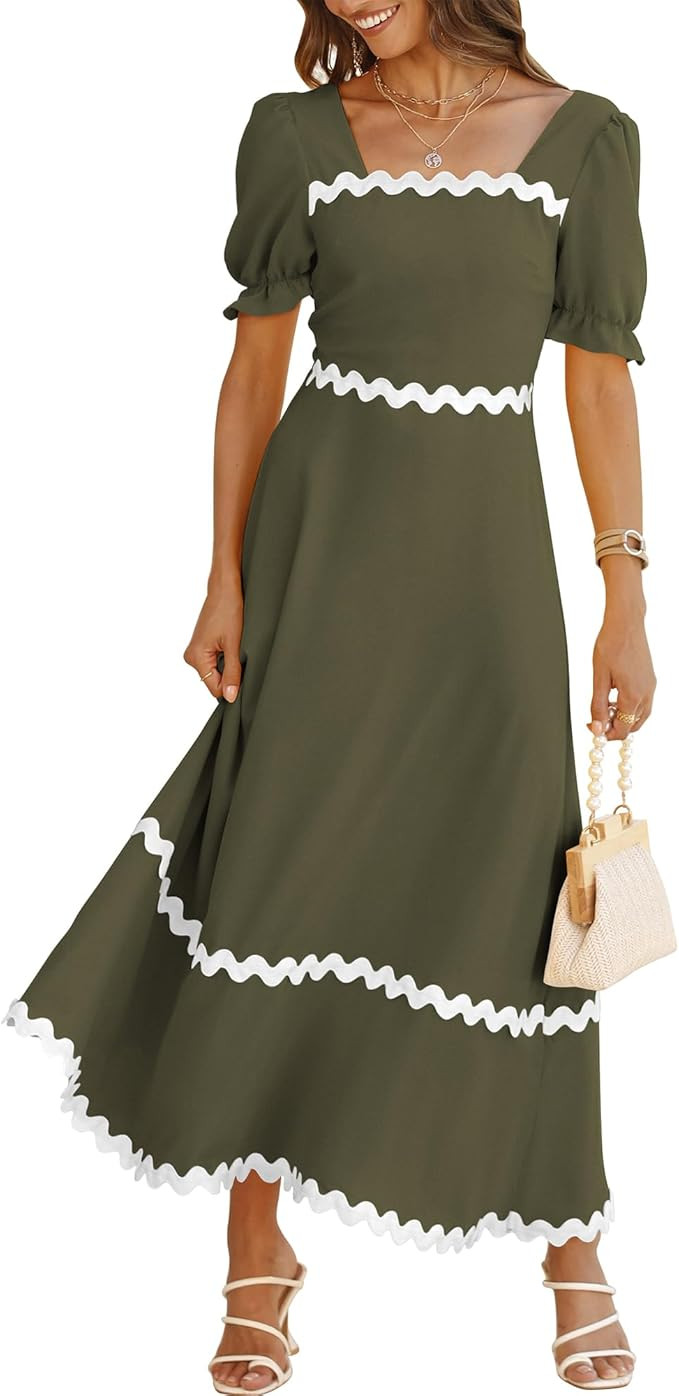 BTFBM Women's 2024 Summer Square Neck Short Puff Sleeve Dress Casual RIC Rac Tie Back Smocked A L... | Amazon (US)