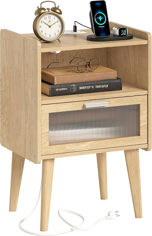 Nightstand with Charging Station, Bedside Tables with Glass Decorative Door, Natural End Table, S... | Amazon (CA)