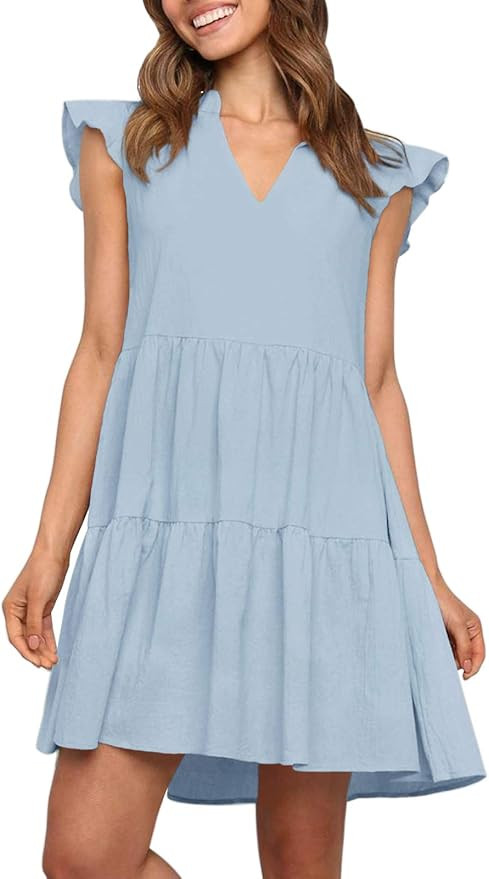 ZESICA Women's Summer Boho V Neck Sleeveless Ruffle Swing A Line Beach Mini Dress | Amazon (US)