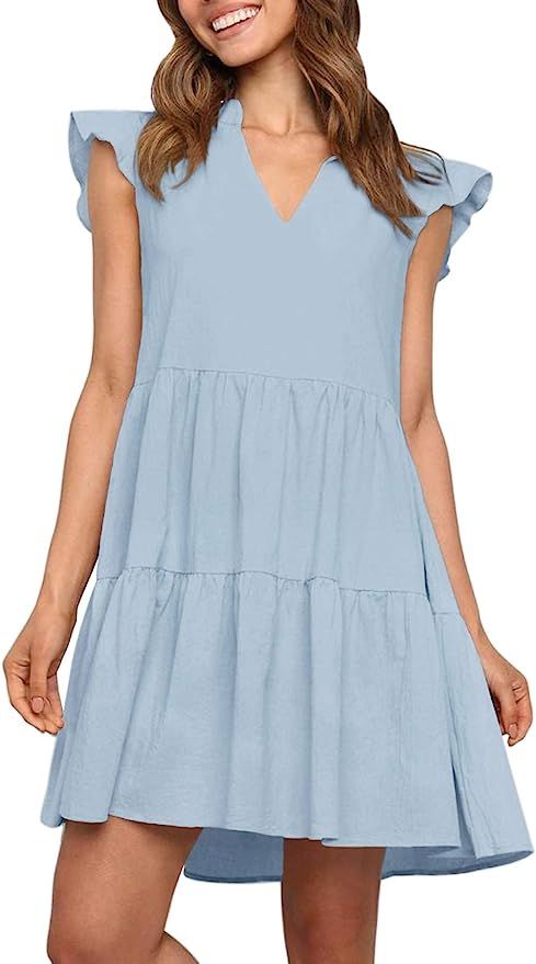 ZESICA Women's Summer Boho V Neck Sleeveless Ruffle Swing A Line Beach Mini Dress | Amazon (US)