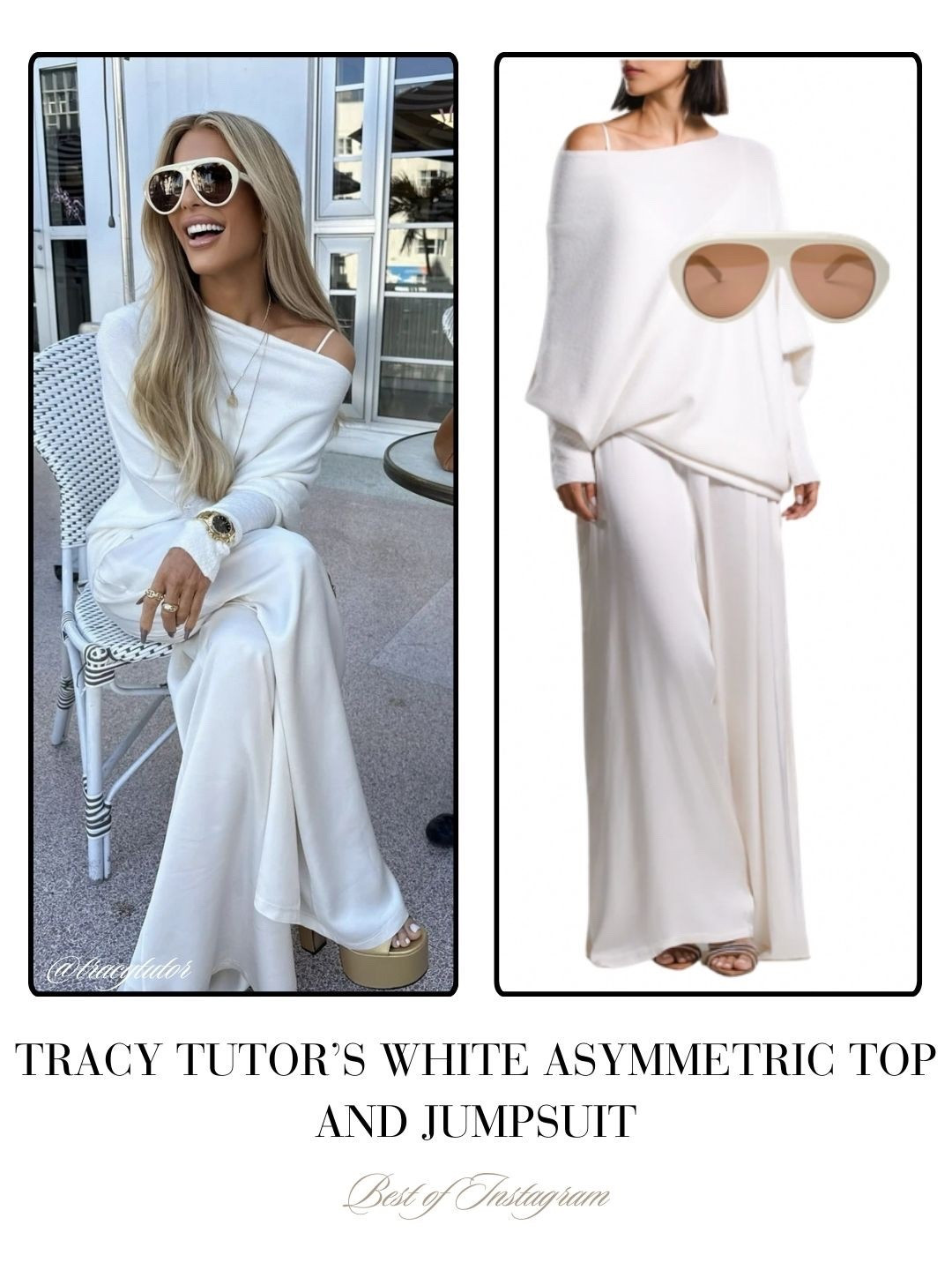 Tracy Tutor’s White Asymmetric Top and Jumpsuit 📸 + ID = @tracytutor