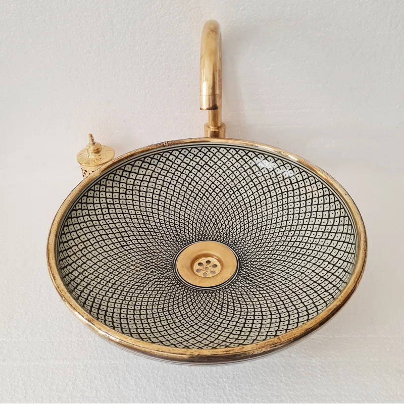 7'' Gold/Black Ceramic Circular Vanity Vessel Sink Bathroom Washbasin with Overflow | Wayfair North America