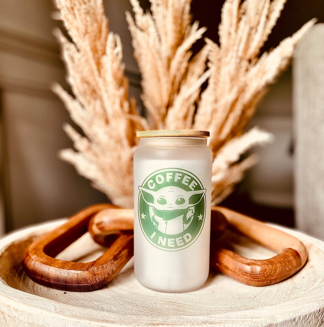 Coffee I Need Baby Yoda sublimated iced coffee design in frosted Glass cup bamboo lid and straw-1... | Etsy (US)