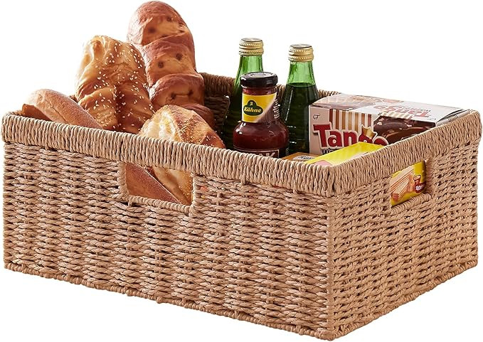 OIAHOMY Wicker Basket, Paper Shelf Basket with Built-in Handles, Rectangular Wicker Storage Bin f... | Amazon (US)