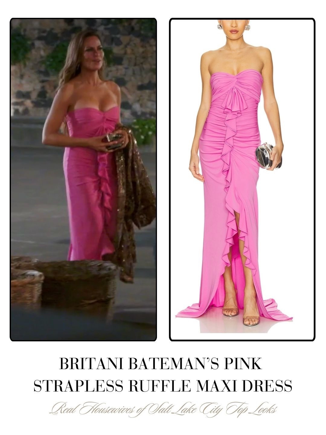 Britani Bateman’s Pink Ruffle Strapless Maxi Dress on the Real Housewives of Salt Lake City Season 6 Finale 