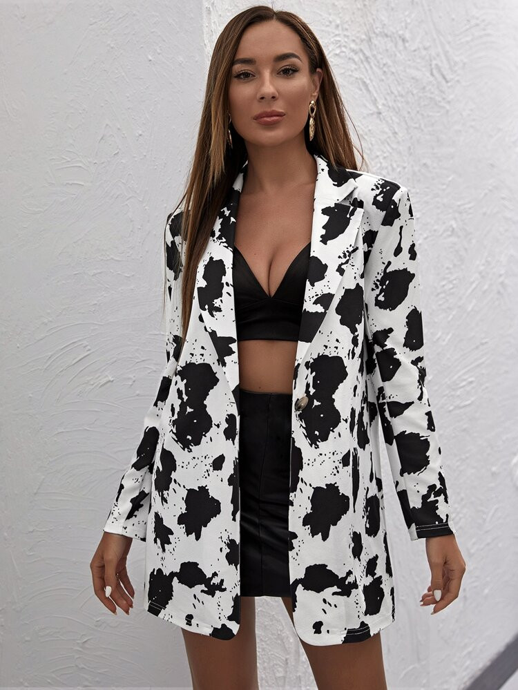 SHEIN Cow Print Notch Collar Single Button Up Blazer | SHEIN