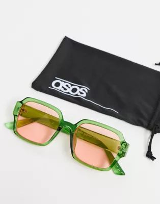 ASOS DESIGN mid square sunglasses with pink lens in green | ASOS (Global)