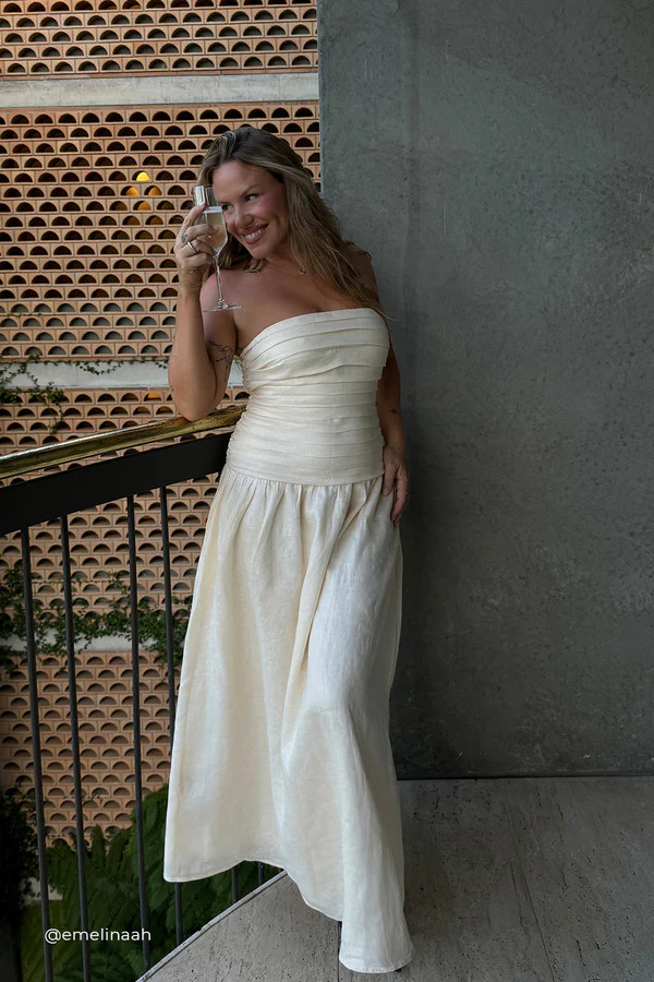 CATANIA CREAM LINEN STRAPLESS MIDI DRESS | DISSH