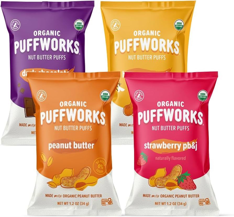 Puffworks Four Flavor Variety Pack Organic Peanut Butter Puffs (Original, PBJ, Dark Chocolate, Ho... | Amazon (US)