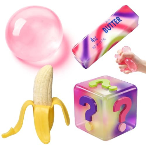 4 Pack Fun Food Squishy Set – Coconut Oil + Animal + Banana + Rainbow Butter Squishy, Sensory Stress Relief Fidget Toys, Cute Pocket for Home Office Travel, Calming Anxiety Gifts for Adult | Amazon (US)