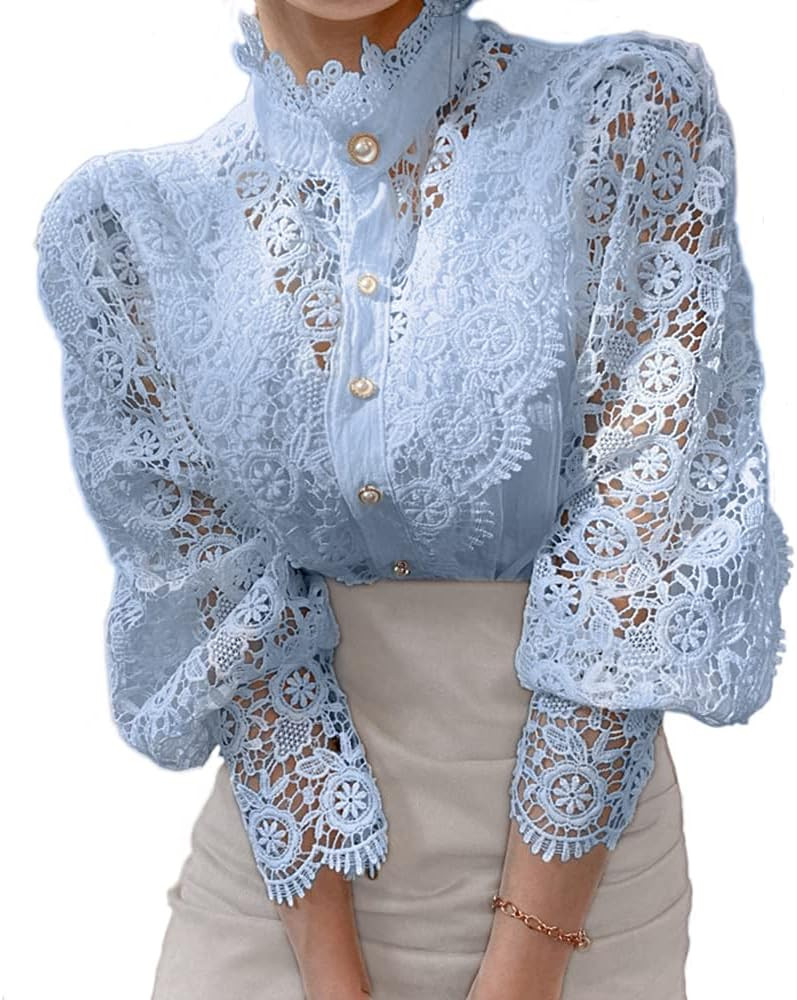 Women’s Elegant Lace Trim Shirts Casual Victorian Blouse Long Sleeve Button Down Tops | Amazon (US)