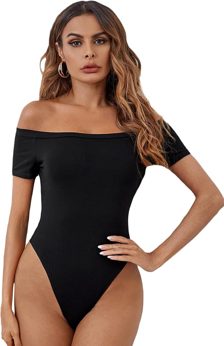 SheIn Women's Off Shoulder Short Sleeve High Cut Solid Leotard Bodysuit Tee Top | Amazon (US)