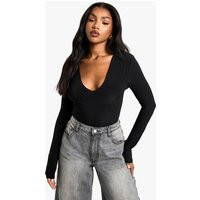 boohoo Women's Double Layer Slinky Plunge Front Long Sleeve Bodysuit in Black | Size: 12 | Knitted | boohoo (US & Canada)