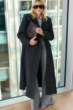 Brushed Wool Pinstripe Oversized Double Breasted Tailored Maxi Coat | Karen Millen UK + IE + DE + NL