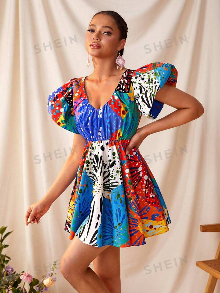SHAQUITA GARCIA Color Block Floral Print V-Neck Flared Short Sleeve Sundress With Deep Back Cut | SHEIN