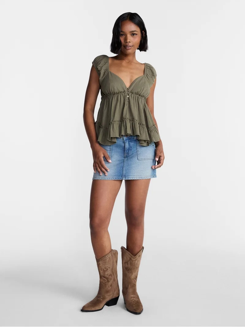 No Boundaries Boho Woven Babydoll Top, Women's XXS-XXL | Walmart (US)