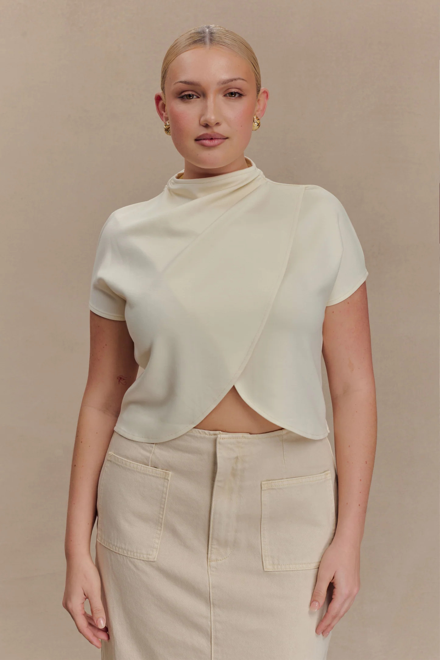 Eris High Neck Scuba Jersey Top - Ivory | MESHKI US