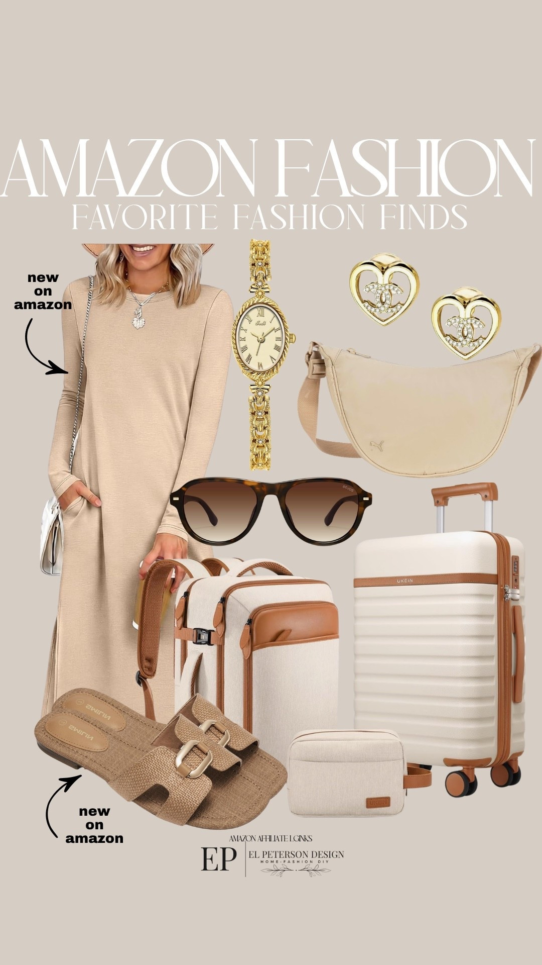 Amazon
Dress
Suitcase
Sunglasses
Sling bag
Sandals 
Watch
Earrings