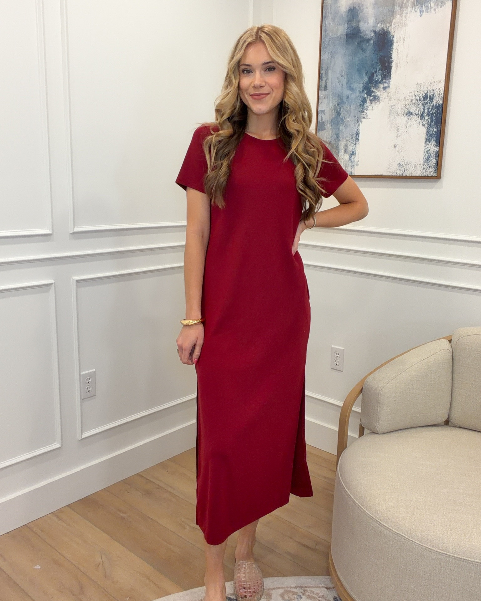 The Amazon t-shirt midi dress that comes in the best colors — and both are worth having 🩵❤️✨ Soft structured fabric, crew neck, short sleeves, side slit, and a flattering midi length that works for everything — steel blue styled with nude espadrille wedges and burgundy styled with pink woven flats. Clean, classic, and completely effortless.

#LTKootd #LTKSeasonal #LTKWorkwear