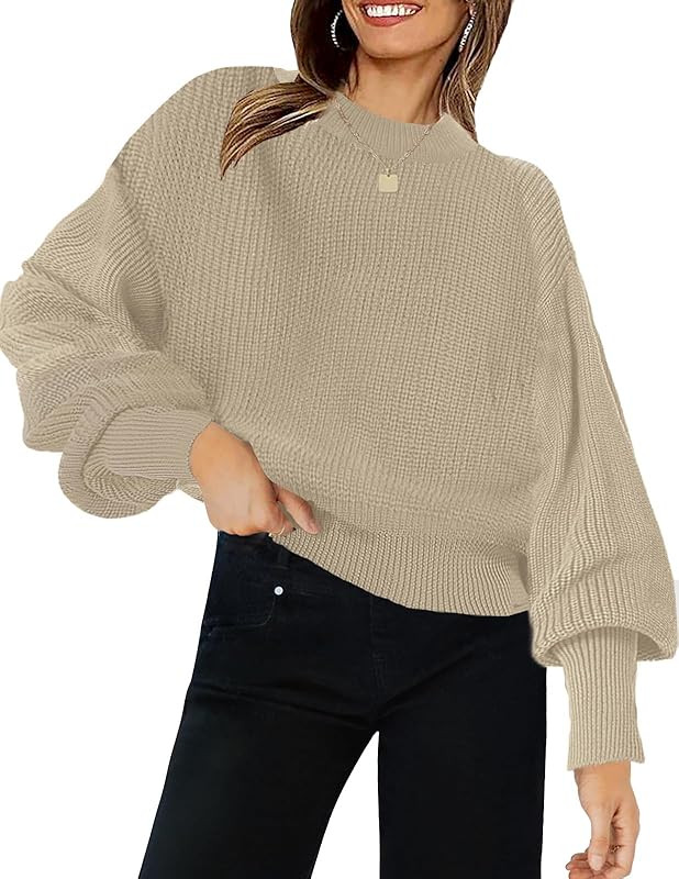 Women's 2023 Crewneck Batwing Long Lantern Sleeve Oversized Loose Ribbed Knit Cropped Pullover Sw... | Amazon (US)