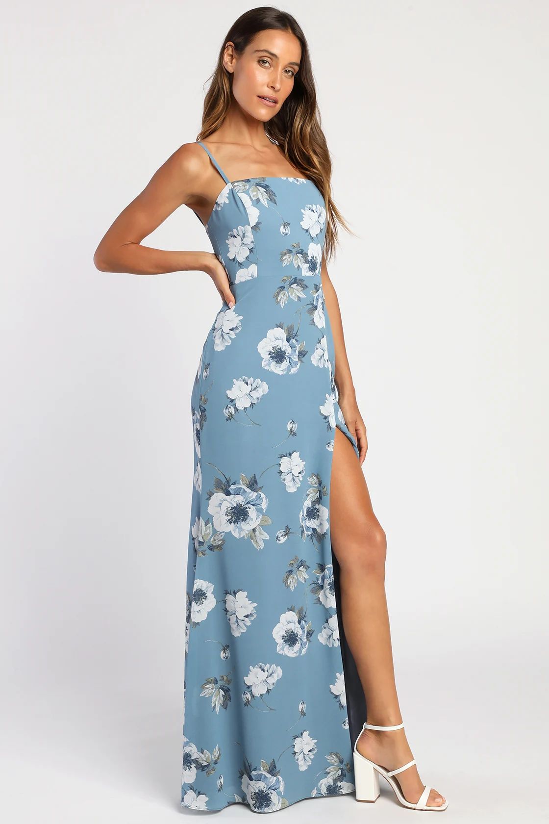 Feeling Elegant Slate Blue Floral Print Lace-Up Slit Maxi Dress | Lulus (US)