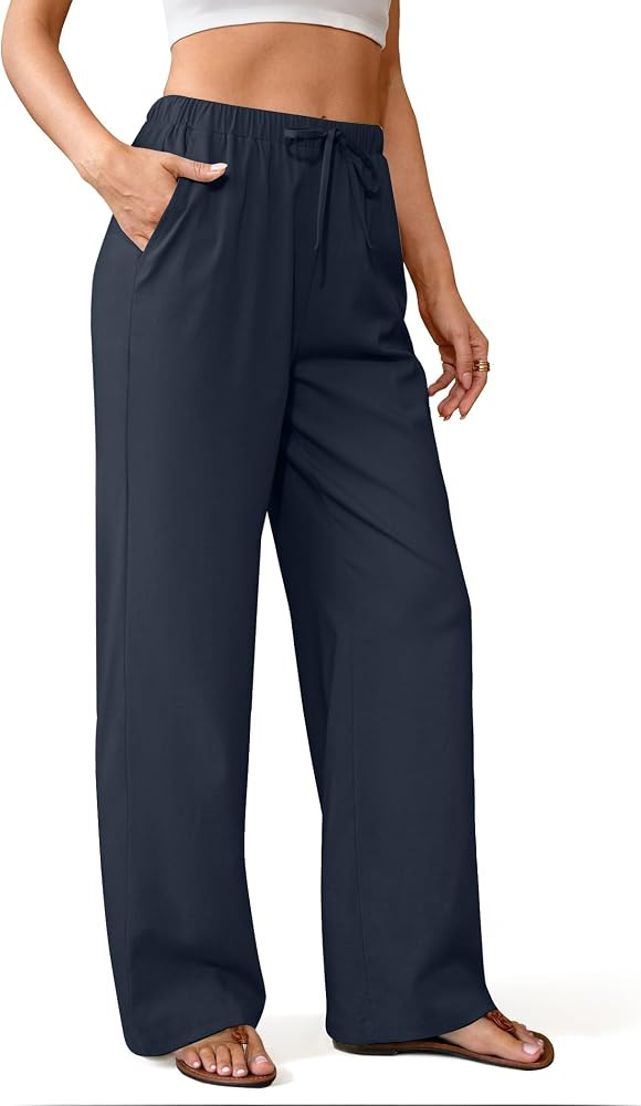 Wide Leg Linen Pants for Women, Loose Flowy Palazzo Pants with Pockets Drawstring Trousers Summer... | Amazon (US)