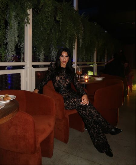 my exact jumpsuit won’t link directly :( but I’m wearing the Nadine Merabi Bella Black Jumpsuit! linked similar jumpsuits on this photo  

#LTKstyletip #LTKSeasonal